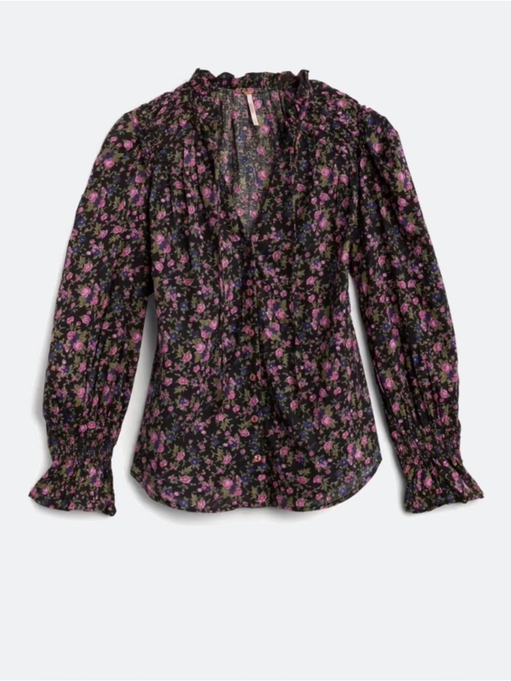 Free People Black Floral Button-Front Blouse with Pink Roses